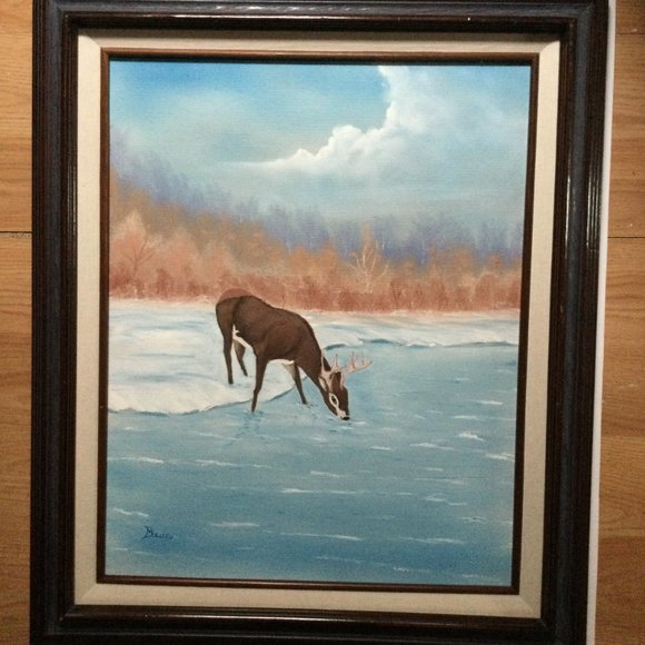 Original art painting on canvas deer drinking water wood framed signed - Picture 5 of 6